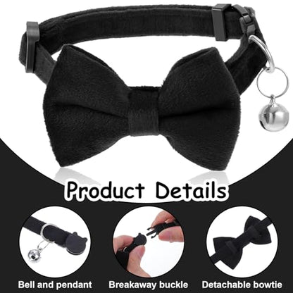 Cat Collar Breakaway Cat Bow Tie Adjustable from 7 to 11 Inches Soft Velvet Bowtie Cat Collar with Bell for Kitten Puppy Cats Wedding Costumes (Black) - color: Black