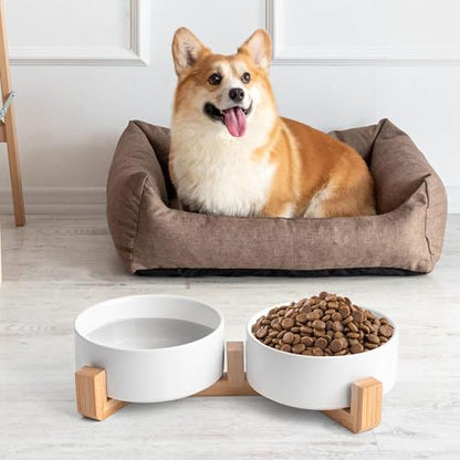 Mowtanco White Ceramic Dog & Cat Bowl Set – 13.5 OZ with Wooden Stand, Non-Slip, Elevated Design for Small Dogs & Cats – 2 Bowls (Food & Water, Ceramic Pet Bowls, Modern Dog Bowls) - color: White × 2