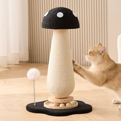 Mushroom Cat Scratching Post Cat Tree, 21.5‘’ H Cute Cat Scratcher Tower with Durable Solid Wood Turntable Toy, Solid Black Mushroom Scratch Post Cat Sisal Scratcher with Catnip for Indoor Cats - color: Black Mushroom