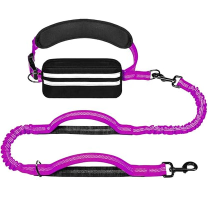 Hands Free Dog Leash with Zipper Pouch, Running Waist Leash for Dog Walking, Adjustable Waist Belt for Large Dogs, Reflective Bungee Design with Two Handle for Hiking, Training, Rose Red - color: Rose Red