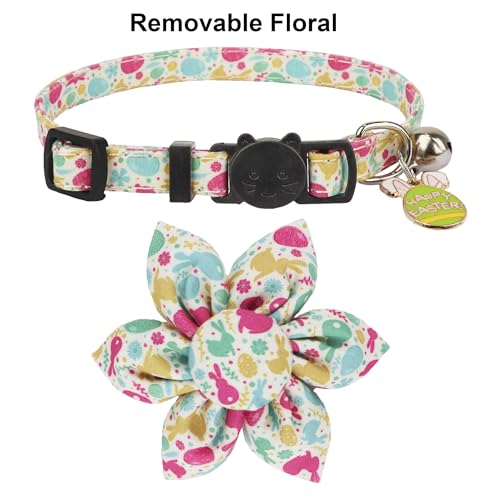 ADOGGYGO Easter Cat Collars with Removable Flower Bell, Adjustable Rabbit Easter Eggs Pattern Cat Floral Collars for Cats Kittens - color: Easter