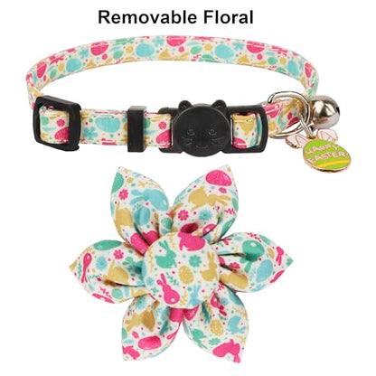 ADOGGYGO Easter Cat Collars with Removable Flower Bell, Adjustable Rabbit Easter Eggs Pattern Cat Floral Collars for Cats Kittens - color: Easter