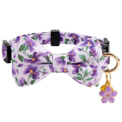 2 Pack Cotton Cat Collar with Bow Tie and Bell for Girl Boy Cats,Cute Pink Flamingo and Blue Whale Pattern Spring Summer Breakaway Cat Collar for Male Female Cats (Butterfly&Violet) - color: Butterfly&Violet