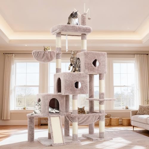 Hey-brother Cat Tree Tower, Scratching Posts with 3 Condos, Large Basket, Cozy Bed, Sisal Board, Step-by-Step Climbing Pathway and Toys, 74.8 inches Furniture for Big Indoor Cats, Muchroom MPJ081MU - color: Muchroom, size: 74.8 inches