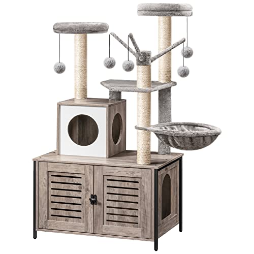 HOOBRO Cat Tree with Litter Box Enclosure, 27.6" L x 18.9" W x 52" H, All-in-One Wooden Cat Tower, Cat Furniture for Indoor Cats, Cat Condo with Hammock, Detachable Teaser Sticks, Greige BG14MZ03 - color: Greige