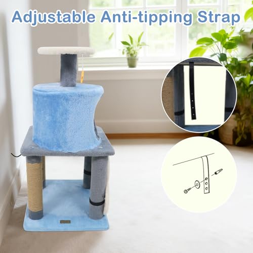 PETSITE 31.5-inch Cute Cat Tree, Multi-Level Small Cat Tree with Scratching Posts, Condo, Star-Shaped Dangling Toys, and Top Perch, Star, Moon & Cloud Elements Mixed, Ideal for Indoor Cats (Blue) - color: Blue