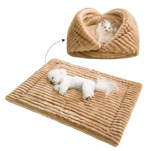 Jiupety Cat Bed for Indoor Self Warming Cat Bed Mat Ultra-Soft Cat Beds Machine Washable Pet Bed,Multifunction Folding Pet Blanket for Small Dogs and Cats Brown,26X19In - color: Khaki, size: Medium