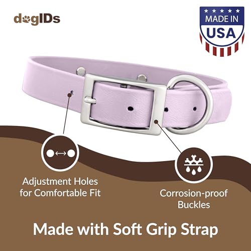 dogIDs Personalized Dog Collar – Custom Waterproof Soft-Grip Biothane with Laser-Engraved Nameplate, Durable & Odor-Resistant, USA Made | Lavender, 1 in x 16 in (Fits Necks Size 14-18 in) - color: Lavender, size: 1 in x 16 in (Fits Necks Size 14-18 in)