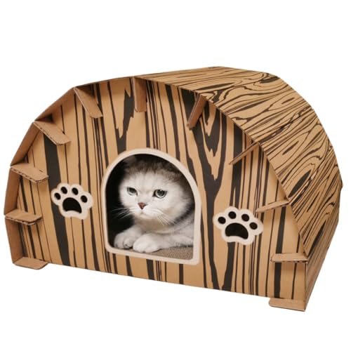 Forest Lodge Cardboard Cat House with Built-in Scratchers - 20 x 16 x 13 Inch Eco-Friendly Indoor Hideout for Cats and Small Animals