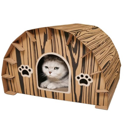 Forest Lodge Cardboard Cat House with Built-in Scratchers - 20 x 16 x 13 Inch Eco-Friendly Indoor Hideout for Cats and Small Animals