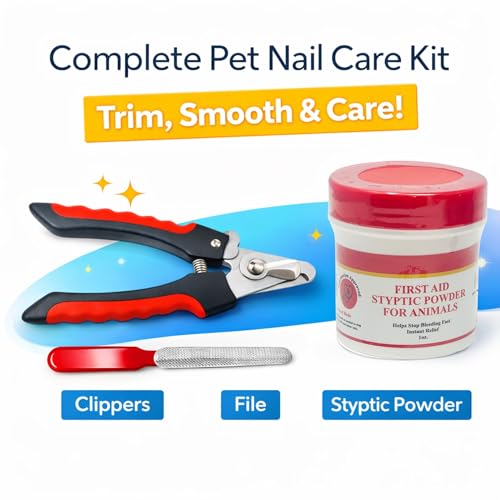 Pet Nail Care Kit – Dog & Cat Nail Clippers with Safety Guard, Non-Slip Grip, Nail File & 1oz Styptic Powder Quick Stop Bleeding Powder for Nail Clipping, Cuts & Grooming (1oz + Pet Trimmers, 1 oz)