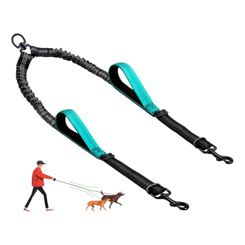 Double Dog Leash - No Tangle Splitter for Two Dogs, Coupler with Adjustable Long Lead Rope, Dual Control Handles, Retractable No Pull Bungee, Walk Train Small Medium Large 2 Pets (Blue) - color: Blue