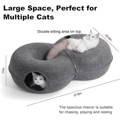 8-Shaped Large Cat Tunnel Bed for Indoor Cats, Infinite Circulation Peekaboo Cat Cave with 12 Toy Balls, Cat Donut Tunnel for Cats up to 30 Pounds (Dark Grey, L 38x24x11in) - color: Dark Grey