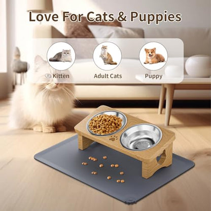Elevated Cat Bowls, 15° Tilted Raised Cat Food Bowl with Solid Wood Stand & Stainless Steel Dishes, Cat Feeding Station with Silicone Mat, Helps Reduce Vomiting for Cats & Small Dogs(Natural) - color: Natural
