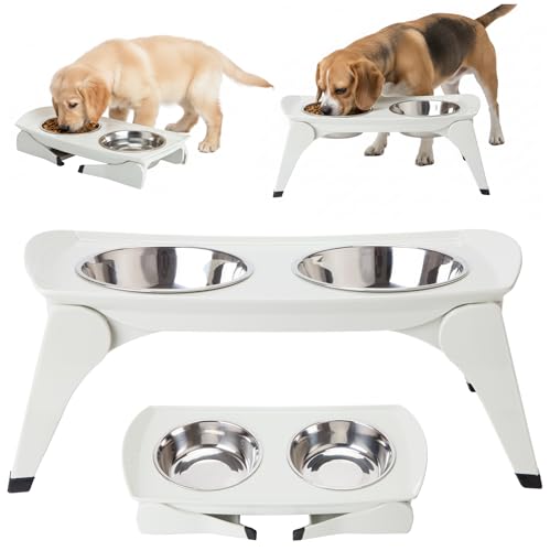 MalsiPree Elevated Dog Bowls for Small Dogs - 6.5" Raised Dog Bowl Stand with Splash Guard - Portable Folding Pet Feeding Station with 2 Stainless Steel Bowls - Travel Road Trip Foldable Collapsible - size: Medium