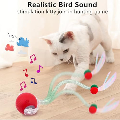 SUPERSUN Interactive Cat Toy Balls, Automatic Rolling Cat Tease Ball with Bird Chirping Sound & 3 Modes, Rechargeable USB Kitten Toys for Indoor Cats, 2 Fun Flexible Tails Stimulate Hunting Instincts