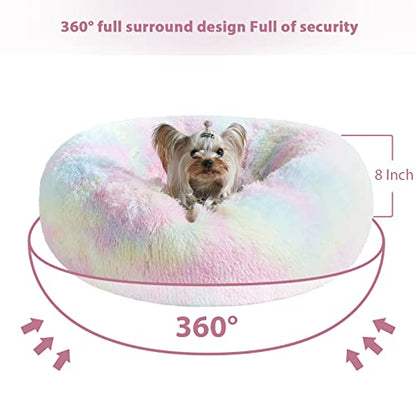 WNPETHOME Calming Dog Bed Cat Bed Donut, Faux Fur Pet Bed Self-Warming Donut Cuddler, Comfortable Round Plush Dog Beds (20 x 20 x 8 Inch, Rainbow) - color: Rainbow, size: 20"L x 20"W x 8"Th