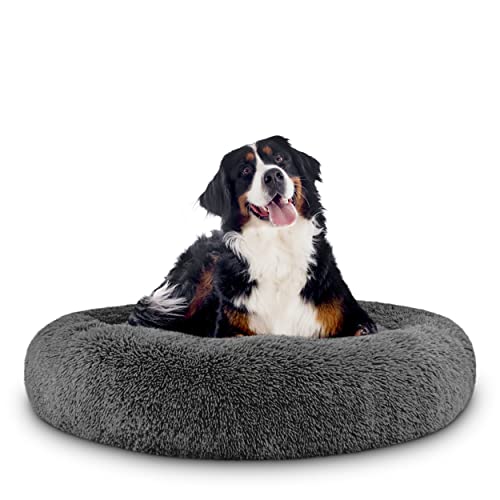 The Dog’s Bed Calming Donut Dog Bed, Plush Faux Fur Round Cuddler Nest – CertiPUR-Certified Foam, Removable Washable Zip Cover – XL (45"), Grey - color: Dark Grey Fur, size: XL (45")