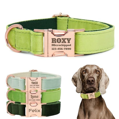 Personalized Velvet Dog Collar with Name - Custom Engraved Buckle, Adjustable Luxury Velvet Collar for Small Medium Large Dogs (Avocado Green, L) - color: Avocado Green, size: L