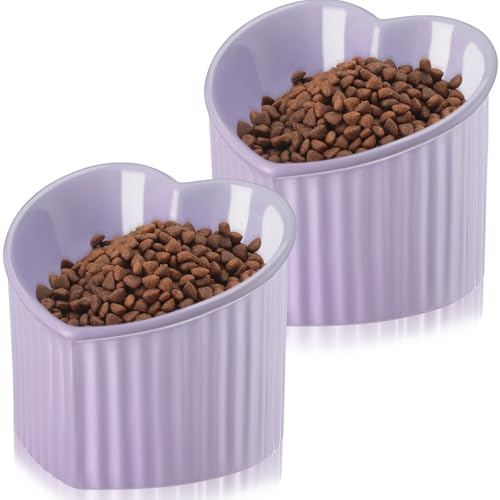 Mumufy 2 Pcs Ceramic Elevated Cat Bowls Tilted Elevated Raised Pet Bowls Anti Vomit Cat Dish for Indoor Stress Free Water Dish Feeder for Puppies, Heart Shaped (Purple) - color: Purple