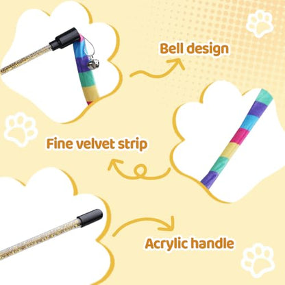 MiOYOOW Cat Wand Toy, 3PCS Rainbow Cat Teaser Stick with Bells Interactive Cats Toys for Indoor Cats Kittens Exercise Play
