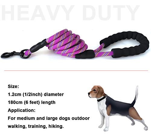 Heavy Duty Rope Dog Leash, 6/8/10/15/20 FT Long Nylon Pet Leash, Soft Padded Handle Thick Lead Leashes for Large Medium Dogs Walking Recall Training (6ft * 1/2", Purple) - color: purple, size: 1/2" * 6'