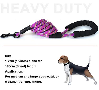 Heavy Duty Rope Dog Leash, 6/8/10/15/20 FT Long Nylon Pet Leash, Soft Padded Handle Thick Lead Leashes for Large Medium Dogs Walking Recall Training (6ft * 1/2", Purple) - color: purple, size: 1/2" * 6'