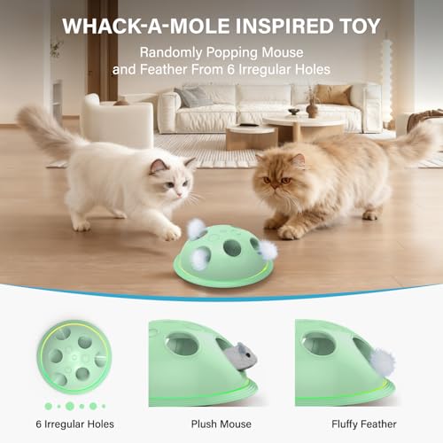 Pawingcat Automatic Cat String Toy 6 Holes Whack a Mole Cat Toy with Plush Running Cat Mouse Toy Hide and Seek Interactive Cat Toys for Indoor Cats（Green） - color: Green