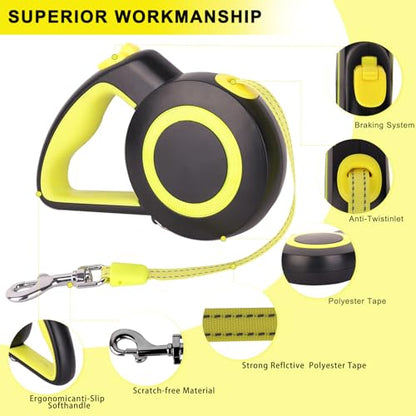 enrgticdg Retractable Dog Leash,Night Reflection,Light Weight Leash for Small to Medium Dogs/Cats,Stainless Steel Spring,Strong Nylon Tape, One-Handed Brake (Black-Yellow) - color: Black-Yellow