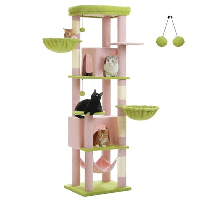 71.2 Inches Flower Tall Cat Tree for Large Cats, Multi-Level Cat Tower with 2 Cozy Condos, Super Large Top Perch, 3 Hammocks, Sisal Scratching Posts and 2 Pompoms, Pink - color: Pink, size: 71.2 Inches