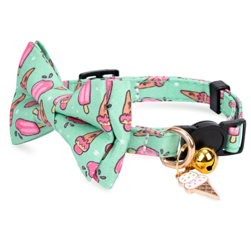 2 Pack Cotton Cat Collar with Bow Tie and Bell for Girl Boy Cats,Cute Pink Flamingo and Blue Whale Pattern Spring Summer Breakaway Cat Collar for Male Female Cats (Ice Cream) - color: Ice Cream