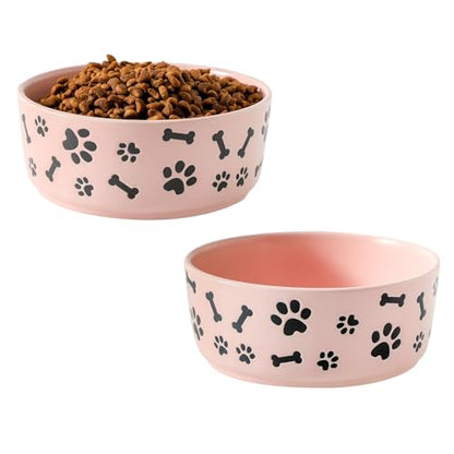 UBEE Ceramic Dog Bowl Set of 2, 5.5 inch Dog Food Bowl Dish with Bone Paw Pattern, Pet Food Water Dish Feeding Plates for Small Dogs, Puppy and Cat, Pink - color: Pink-dog paw, size: 5.5 inch x 2