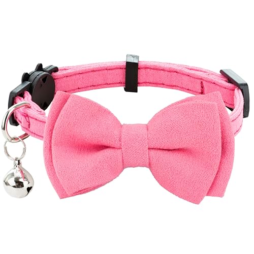 Cat Collar with Bow Tie Bell Breakaway Kitten Small Pet Safety Solid Wedding Basic Pure Color Suede Soft Adjustable [1pc] Rose Red - color: [1pc] Rose Red