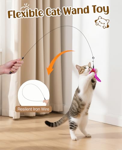 Pawaboo Feather Teaser Cat Toy, Interactive Feather Wand Cats Toy Flying Feathers Cat Catcher with Extra Long 34.5" Wand and Small Bell, Exerciser Playing Toys for Kitten or Cats, Rose + Red Brown - color: Rose + Red Brown