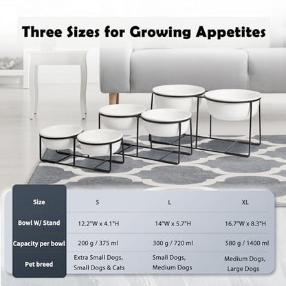 Ceramic Elevated Dog Bowl Set - Raised Double Feeding Bowls with Metal Stand - Pet Dishes for Medium and Large Dogs - 5.8 Cups - 47.3 fl oz - Matte White - color: Matte White, size: XL-800ml