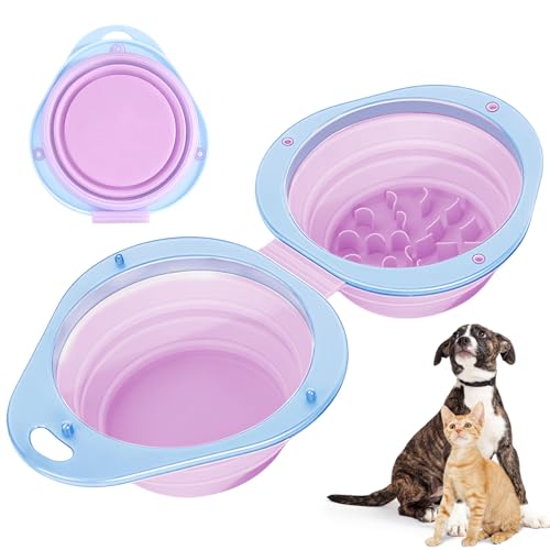 Purple Collapsible Dog Bowls with Carabiner 2-in-1 Foldable Slow Food Bowl(130g)&Water Bowl(320ml) for Dogs and Cats Travel - color: Purple