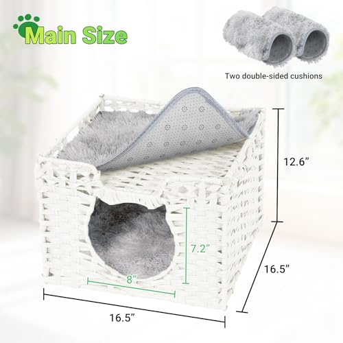 Handwoven Rattan Cat Cave w/Two Cushions, Cat Beds Indoor Kitten House, Waterproof & Foldable Pet Cube Bed, White, 16.5”L x 16.5”W x 12.6”H - color: Gray