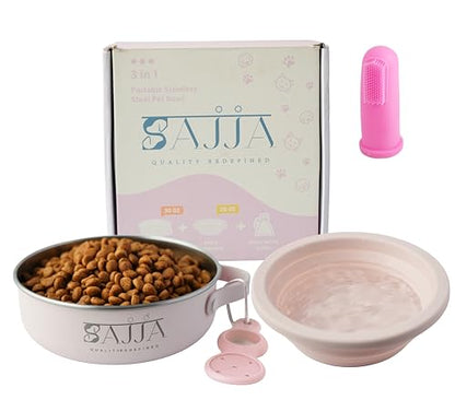 3-in-1 Travel Dog Bowl Set – 30 OZ Stainless Steel + 20 OZ Collapsible Water Bowl Lid | BPA-Free, Anti-Slip, Portable Dog Bowl w/Handle/Poop Bag Holder with Carabiner | Pink Bowls - color: Pink Bowl