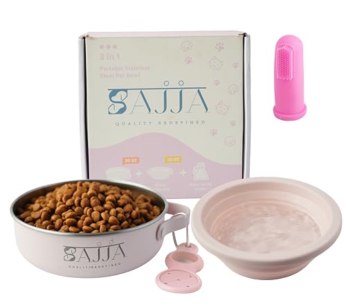 3-in-1 Travel Dog Bowl Set – 30 OZ Stainless Steel + 20 OZ Collapsible Water Bowl Lid | BPA-Free, Anti-Slip, Portable Dog Bowl w/Handle/Poop Bag Holder with Carabiner | Pink Bowls - color: Pink Bowl