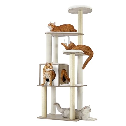 Feandrea Cat Tree, 64.6-Inch Modern Cat Tower, Multi-Level Condo with 5 Scratching Posts, Perch, Washable Removable Cushions, Cave, Heather Greige UPCT166G01 - color: Heather Greige