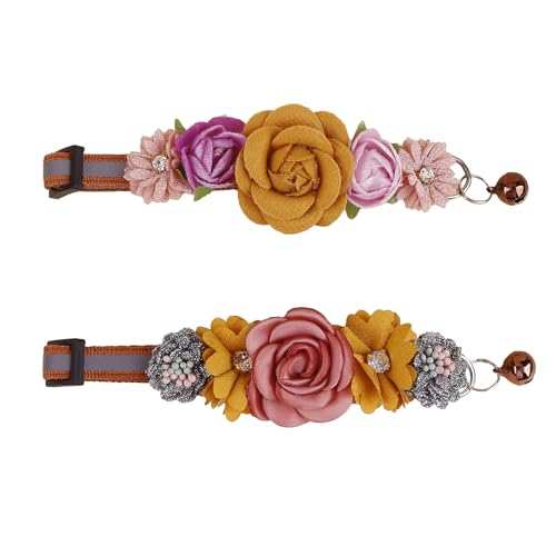 2 Pack Cat Collar Pink Floral with Bell and Removable Flower Bowtie Breakaway Adjustable Cat Collar for Girl Kitten Puppy Small Cats Dogs Daily Decoration (XQ10-4) - color: XQ10-4