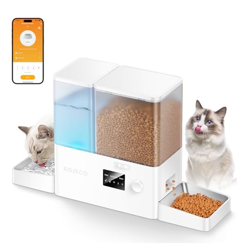 Rojeco 36Cups/8.5L WiFi Automatic Cat Feeder and Gravity Water Dispenser,Stainless Steel Bowls 2-in-1 Large Capacity 5L Food Dispenser with APP and 3.5L Water Fountain for Pets,Dogs,Puppies,Kittens - color: White, size: 8.5L-WiFi