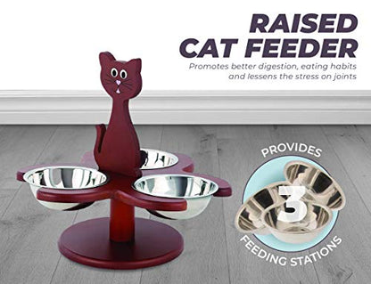 Etna Pet Store Elevated Cat Bowls - Wooden, Raised Pet Feeder Promotes Better Digestion, Easy on Joints - Multiple Feeder with 3 Removable Bowls for Food and Water - Brown