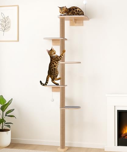 5-Tier Floor-to-Ceiling Cat Tree Tower, Upgraded Grey Felt Kittens Wall Shelves, Rotatable Platforms & 3-Inch Wall Gap, Wild Simulation Kitten Playground - color: GreyFelt, size: 83 inches