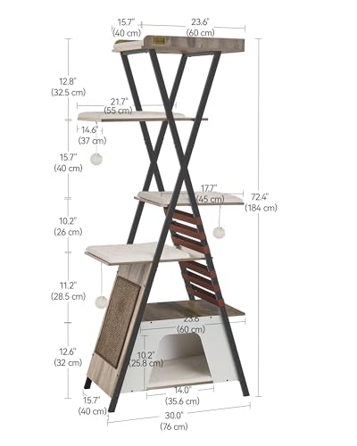 FourFurPets 72.4" Cat Tree, Modern Cat Tower for Indoor Cats, Multi-Level Cat Condo with Caves, Tall Cat Tree with Cat Scratching Board, Wooden Cat Tower with Large Perch, Removable Pads, Camel Brown - color: Camel Brown