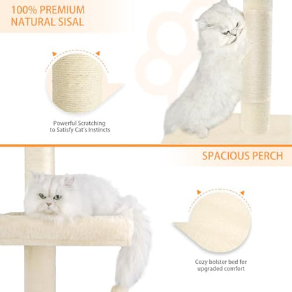 5-Tier Floor-to-Ceiling Adjustable Cat Tower, 98-110 Inch Tall Cat Tree with Cozy Rest Bed, Multi Platforms & Natural Sisal Scratching Posts, Indoor Cat Activity Play Structure, Beige - color: Beige