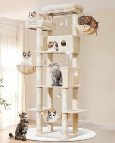 Taoqimiao Cat Tree Tower, 76-Inch Sturdy Cat Tree for Indoor Cats Large Adult Cat Tower with Scratching Posts，2 Condos, 2 Perches, 2 Large Hanging Baskets, Soft Hammock, MS046M Beige - color: Beige
