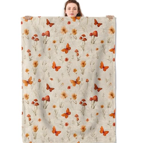 Butterfly Mushroom Floral Blanket, Autumn Forest Flannel Throw Blankets, 40"x50", Soft Warm Lightweight Fuzzy Cozy Throws for Couch Bed Sofa Decorative Gifts for Nature Lover Women Kids, Beige - color: Mushroom 02, size: 40x50 inch