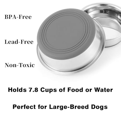 Stainless Steel Dog Bowls 2 Pack – 7.8 Cup Large Capacity Food & Water Bowls for Large Dogs, Non-Skid Rubber Base, Rust Resistant, Dishwasher Safe - size: 7.8 Cup