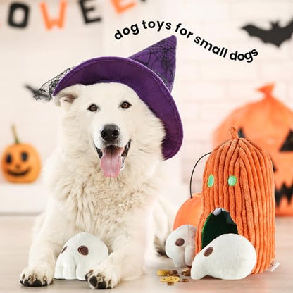 Nocciola Halloween Dog Toys 4 PCS, Pumpkin + 3 Skull Squeaky Dog Toy for Small Puppy Dog to Keep Them Busy, Durable Plush Hide and Seek Dog Toys for Small Medium Dogs - style: Pumpkin & Skulls
